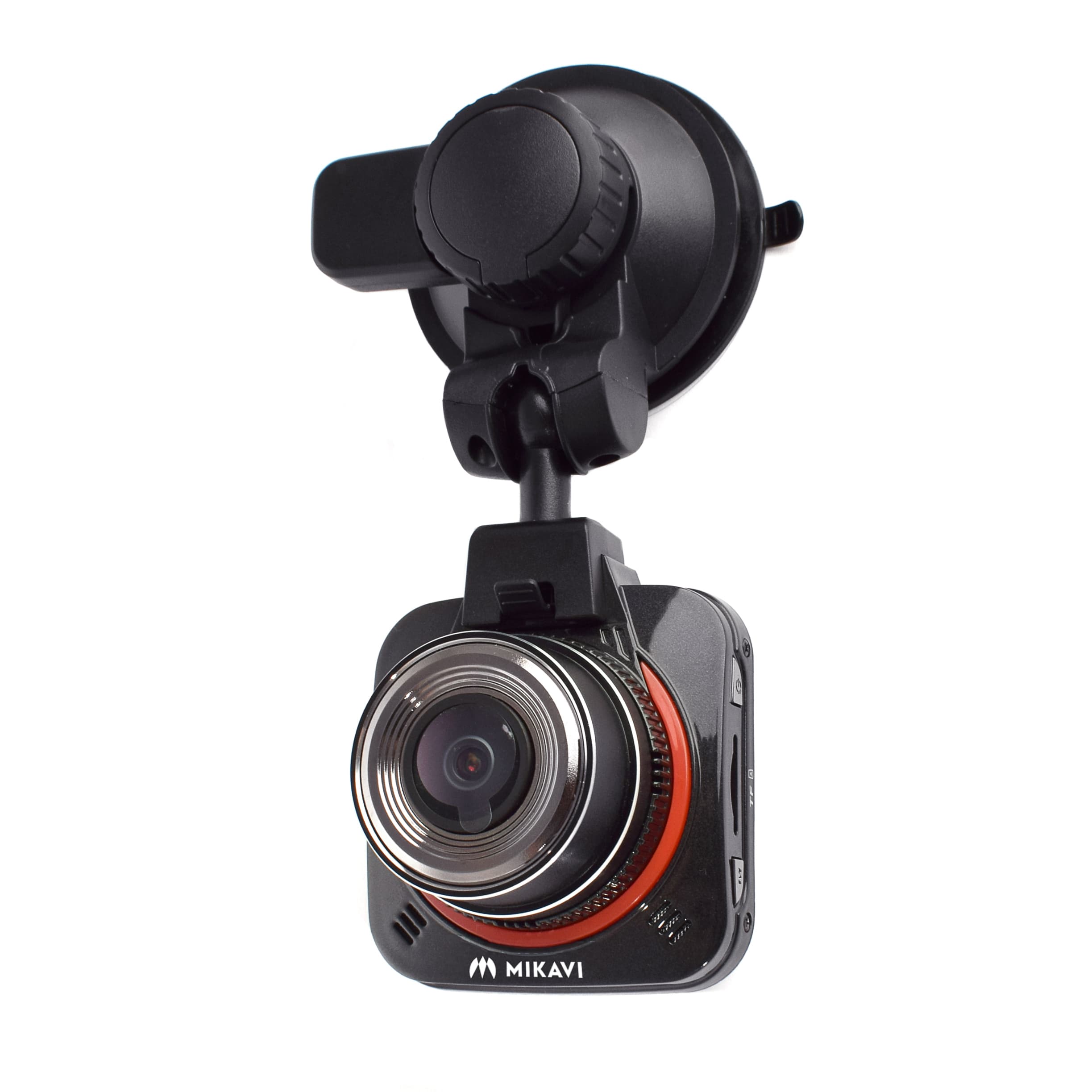 Mikavi PQ1 z przyssawką montażową widok od przodu z obiektywem i czerwonym akcentem