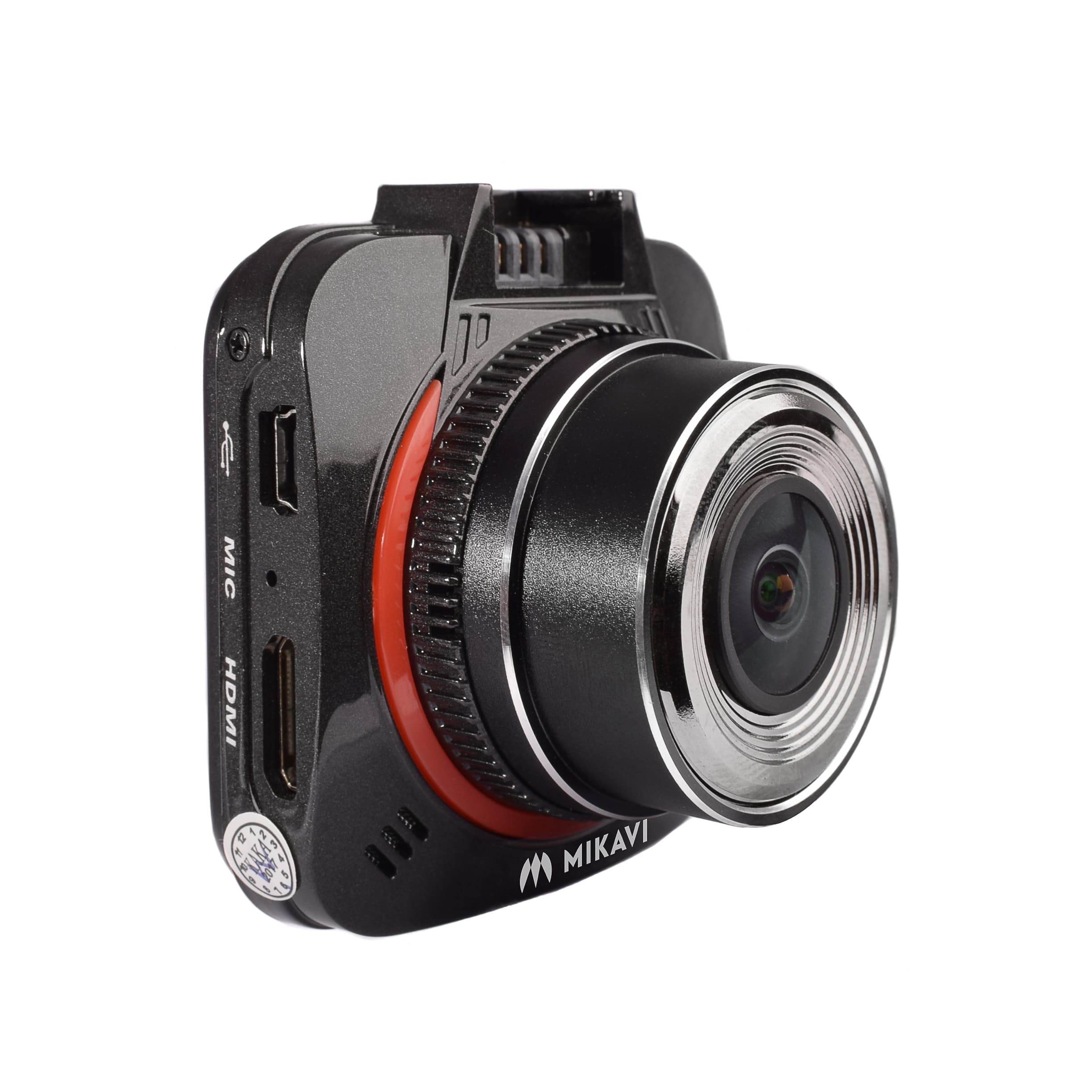 Mikavi PQ1 widok z boku z portami MIC i HDMI oraz obiektywem z czerwonym pierścieniem