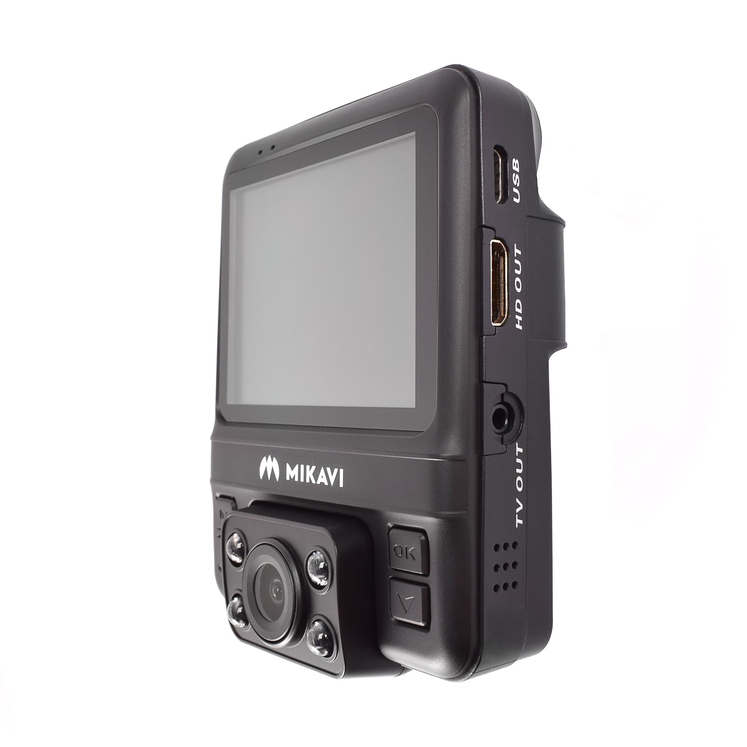 Mikavi PQ2 widok z boku z ekranem LCD, kamerą tylną z diodami IR i portami HD OUT oraz USB