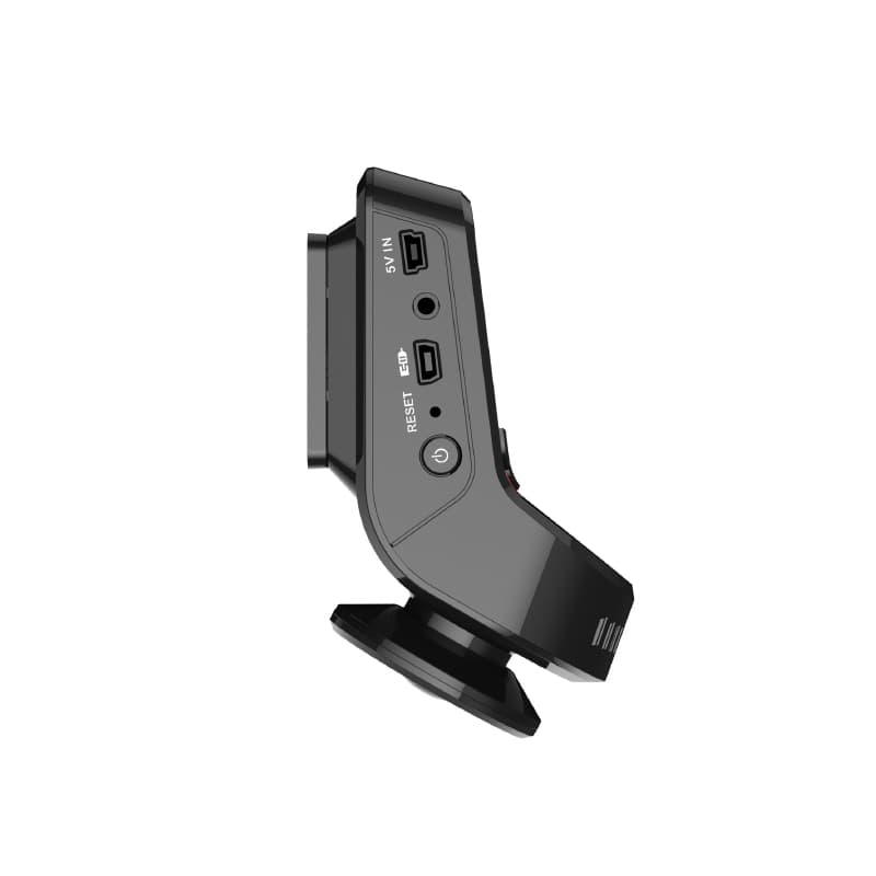 Mikavi PQ4 Dual widok z boku ze złączami 5V IN, slotem microSD, resetem i przyciskiem power