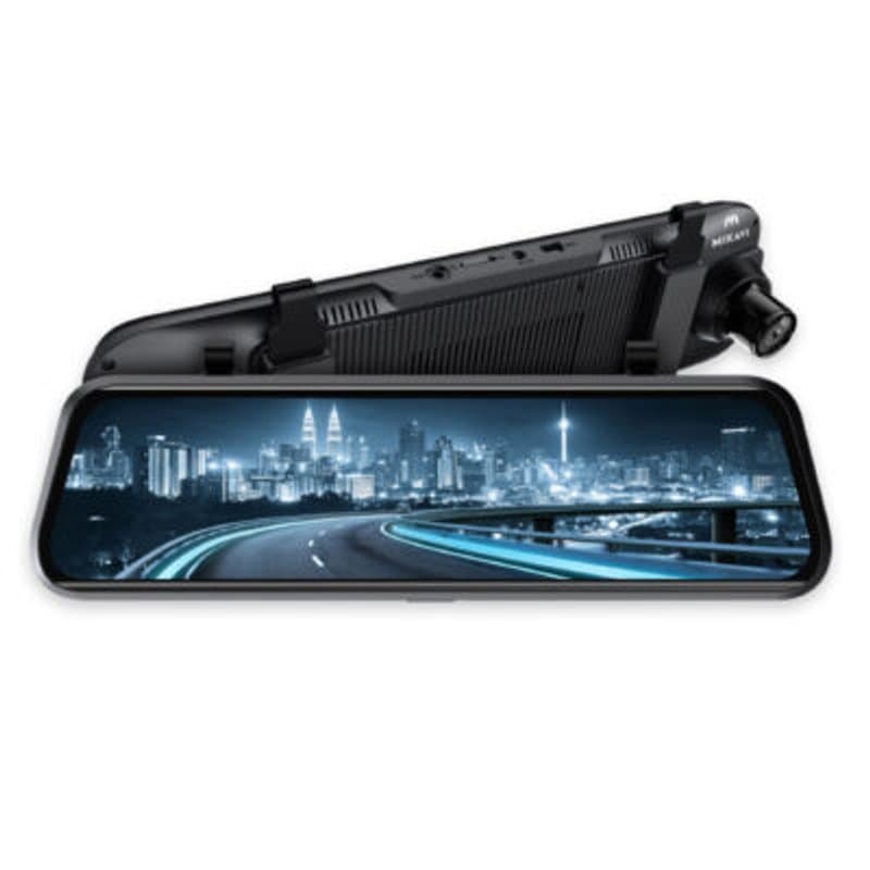 Mikavi PQ5 DUAL widok z przodu i tyłu z ekranem IPS wyświetlającym panoramę miasta nocą