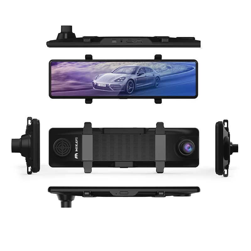 Mikavi PQ5 PRO 4K wideorejestrator w lusterku pokazany z każdej strony - przód, tył, góra i dół