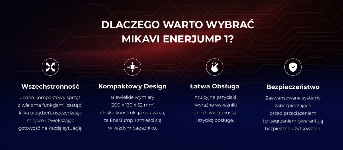Dlaczego warto wybrać Mikavi EnerJump 1 - wszechstronność, kompaktowy design, łatwa obsługa, bezpieczeństwo