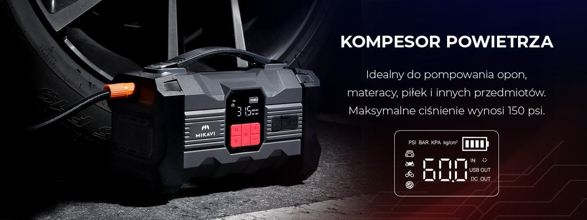 Mikavi EnerJump 2 - wbudowany kompresor powietrza 150 PSI do pompowania opon