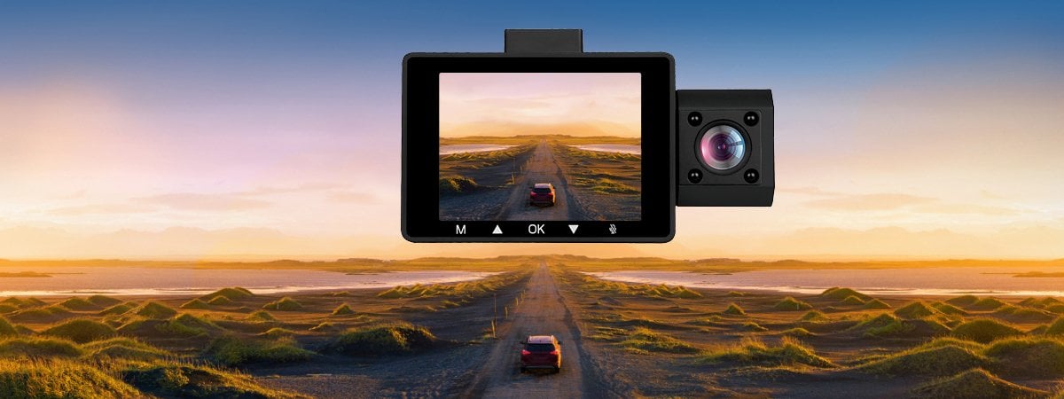 Mikavi PQ6 3CH - wysoka rozdzielczosc 2.5K QHD z kamera przednia i tylna Full HD na tle drogi